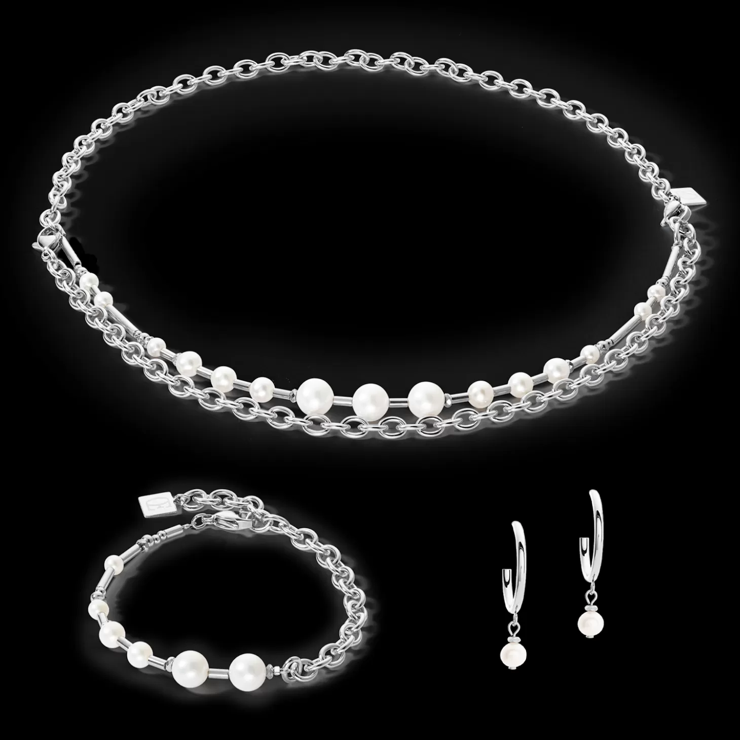 COEUR DE LION Earrings Creole Freshwater Pearls & Chain Multiwear Silver