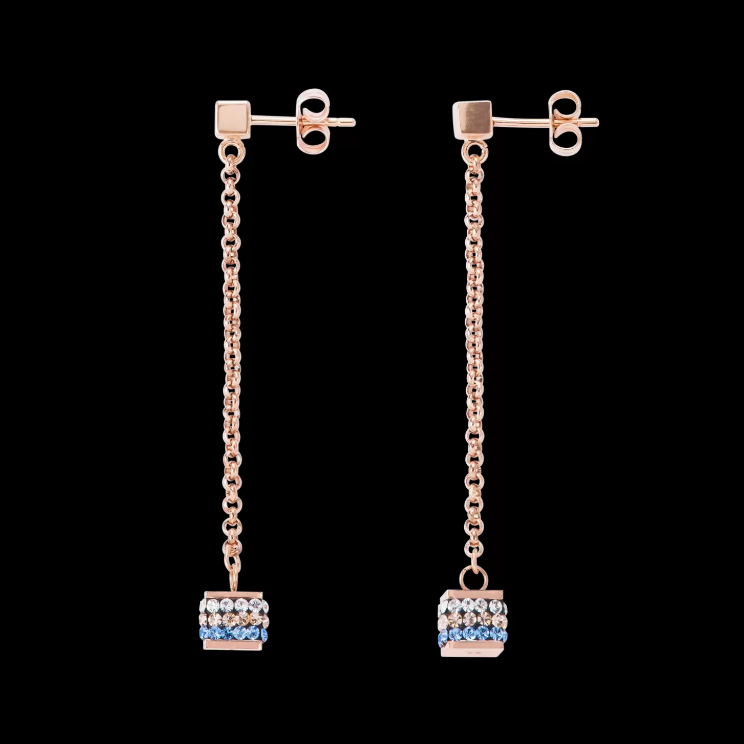 COEUR DE LION Earrings Cube Crystals Pave & Stainless Steel Rose Gold & Blue