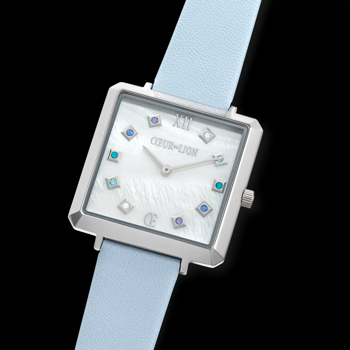 COEUR DE LION Watch Iconic Square Mother-Of-Pearl Silver Bracelet Leather Cool Blue